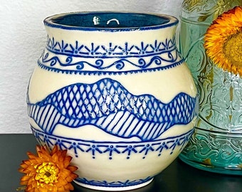 Blue & White Slip Trailed Landscape Vase