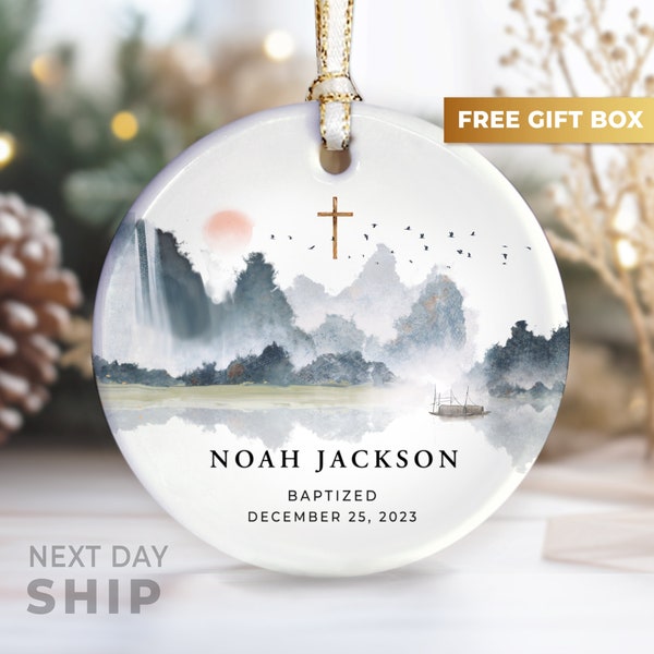 Personalized Baptism Ornament - Ceramic Ornament Baptism Favor Gifts, Godson Gifts - Christening Baptism Keepsake - FREE Gift Box + Ribbon