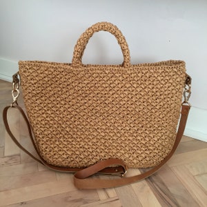 Handmade Crochet Natural Straw Raffia Bag Crossbody Hand Bag with Leather, Knit Raffia Shoulder Bag Leather