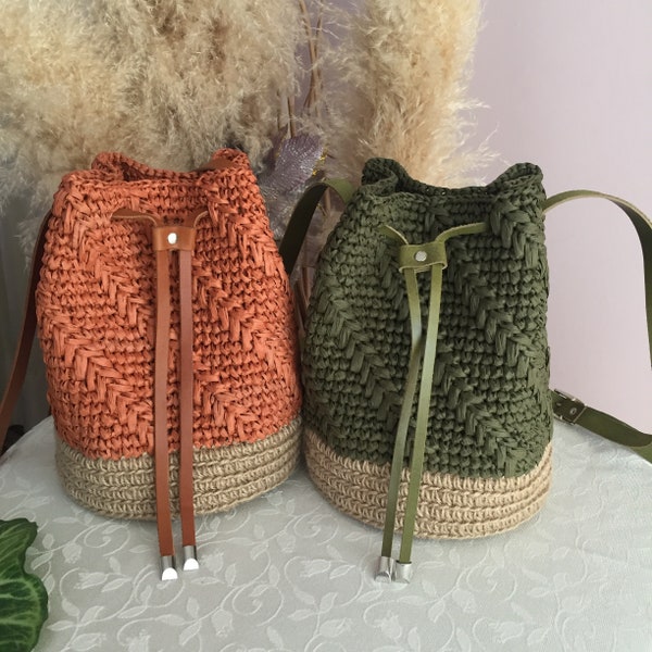 Handmade Crochet Raffia Bucket Cinnamon Straw Genuine Leather Bag, Gift For Her