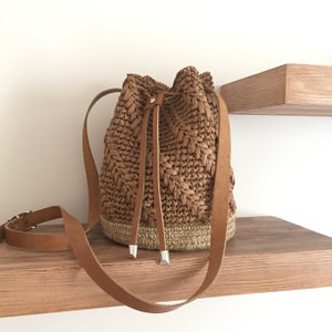 Handmade Crochet Raffia Bucket Straw Genuine Leather Bag, Gift For Her