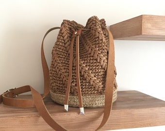 Handgemachte häkeln Raffia Eimer Stroh Echtleder Tasche, Geschenk für sie