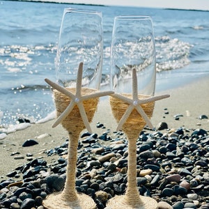 Nautiska sjöstjärnor champagneflöjter, strandkustbröllopsglas, set om 2