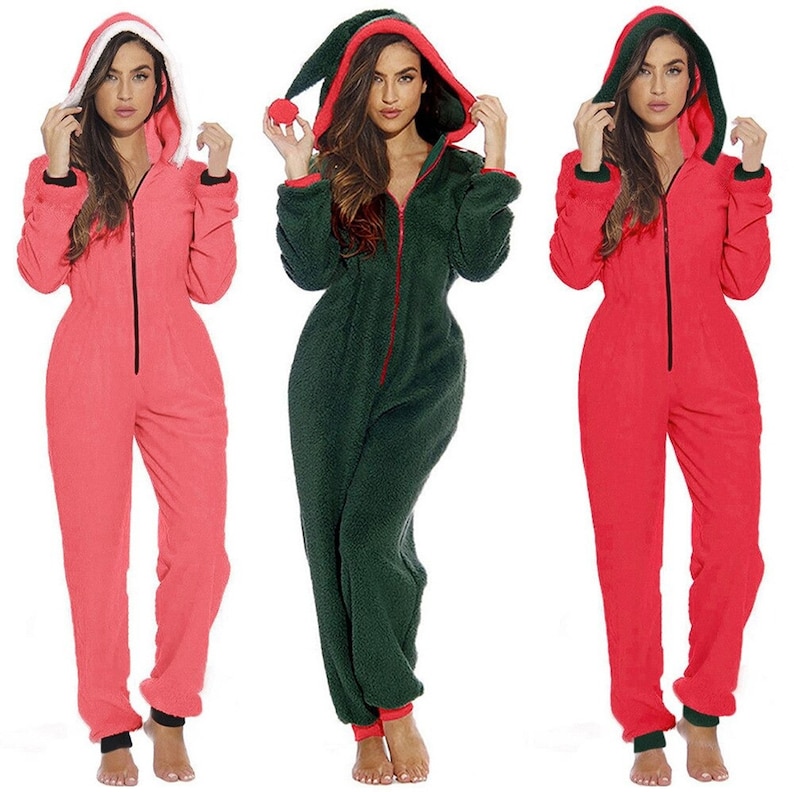 Women Winter Faux Fur Pajamas Red Green Color One Piece Club Outfit Christmas Santa Claus Hooded Onesies V Neck Zipper Jumpsuit