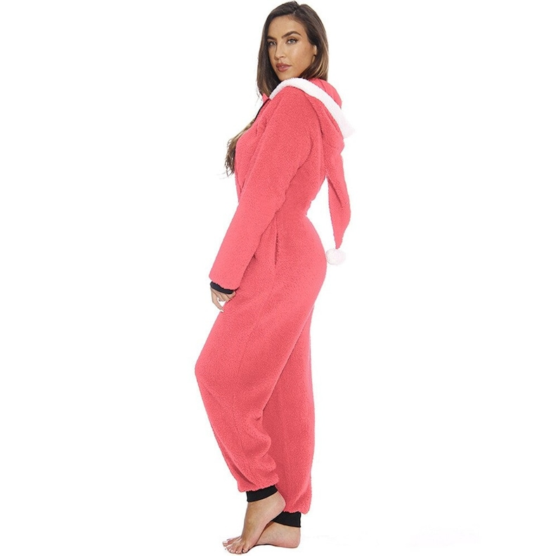 Women Winter Faux Fur Pajamas Red Green Color One Piece Club Outfit Christmas Santa Claus Hooded Onesies V Neck Zipper Jumpsuit