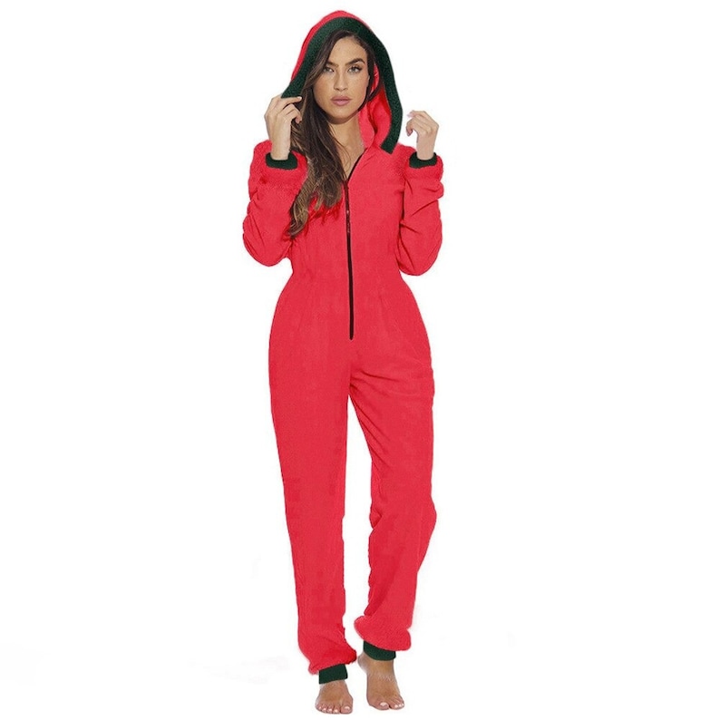 Women Winter Faux Fur Pajamas Red Green Color One Piece Club Outfit Christmas Santa Claus Hooded Onesies V Neck Zipper Jumpsuit