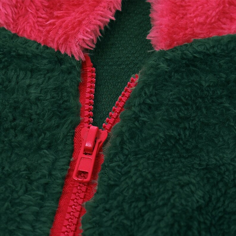 Women Winter Faux Fur Pajamas Red Green Color One Piece Club Outfit Christmas Santa Claus Hooded Onesies V Neck Zipper Jumpsuit