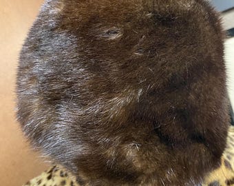 Vintage Mink Fur Beanie by Phyllis, Chocolate Brown, Size S
