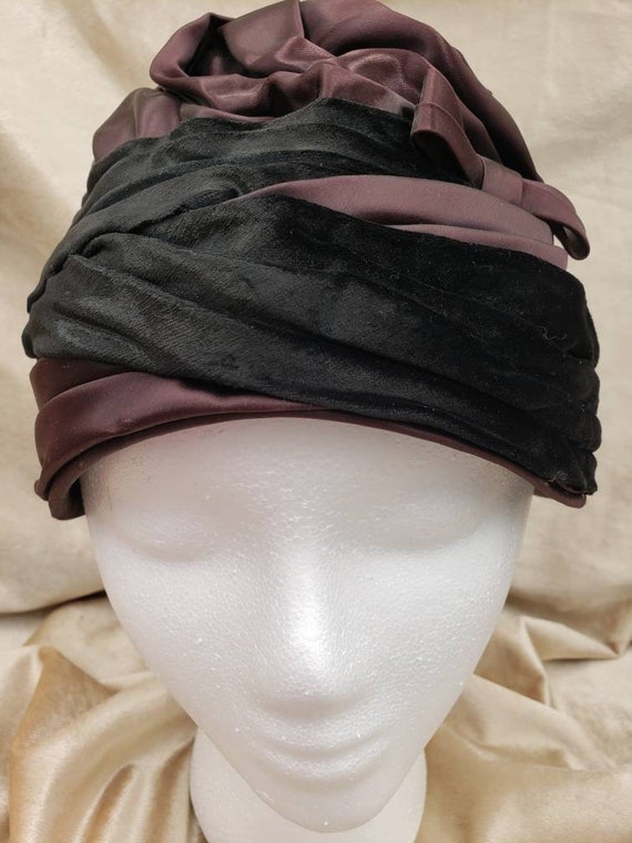 Vintage 1960's Hat Black/Brown Satin Turban Cloch… - image 7