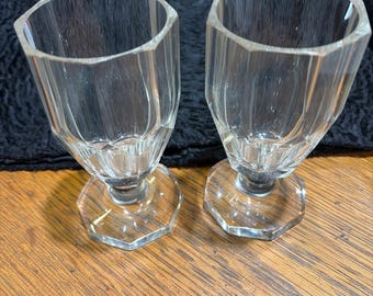 Vintage Cut Glass Stemware Set 2 Faceted Rim & Base Goblets Octagonal