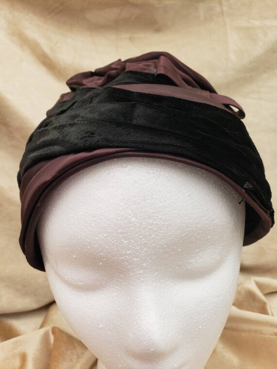 Vintage 1960's Hat Black/Brown Satin Turban Cloch… - image 6