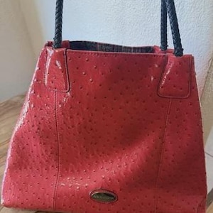 May include: A red handbag with a textured, dotted surface resembling ostrich skin. The bag features two black braided handles and a small, oval-shaped metallic logo plate centered near the bottom edge. The interior lining has a dark plaid pattern.