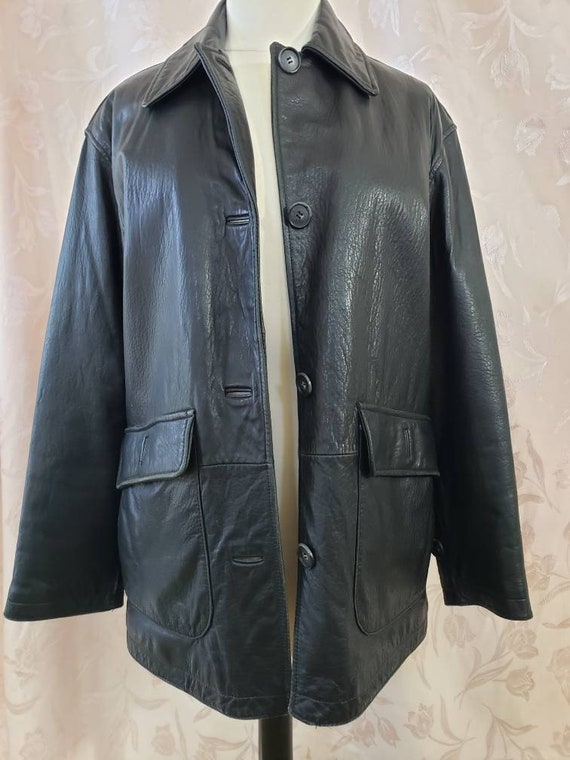 Men's Black Soft Leather Coat Size Medium Big Poc… - image 9