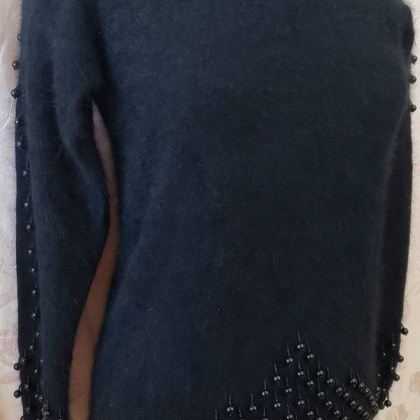 Jet-Black Angora Holiday Sweater Size M Embellished W/Beads Women's Jet-Black Cavalini Long Original Vintage Tags Beaded
