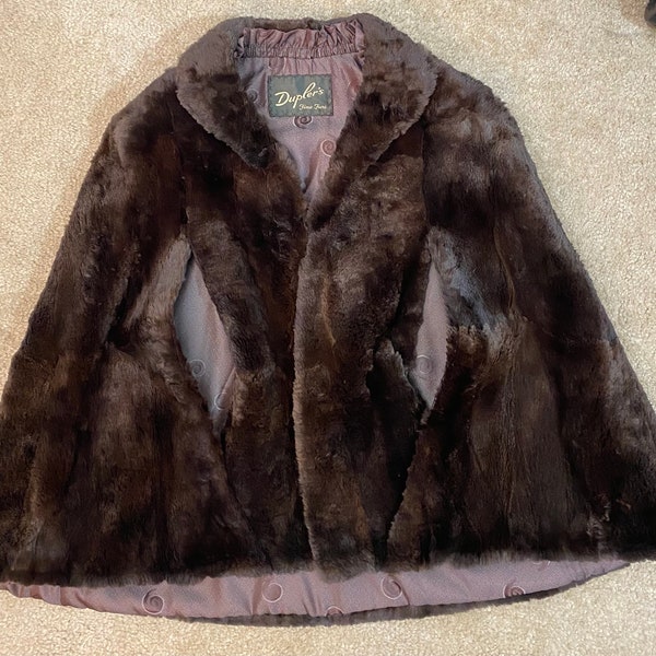 Beautiful vintage, chocolate brown faux fur cape satin lined Duplers Fine Furs