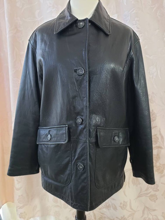 Men's Black Soft Leather Coat Size Medium Big Poc… - image 10