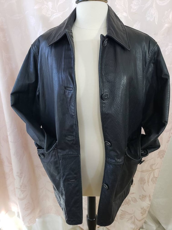 Men's Black Soft Leather Coat Size Medium Big Poc… - image 7