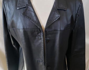 Canada-Made Black Leather Blazer Men's Large | 1970's Retro Lined Jacket | Vintage Classic Leather Coat