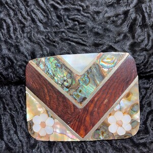 Vintage Duluth Womens Size 14 Leather Belt Abalone Shell Wood Inlay Buckle Vintage Abalone Shell Inlay With Mixed Wood. Rectangle Belt  main image 4