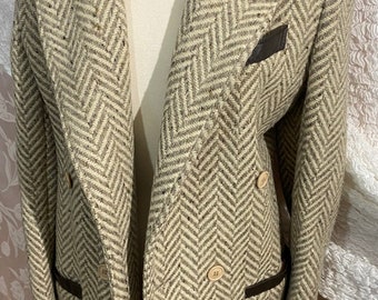 Vintage Ballen Design Wool Herringbone Coat Leather Trim Beige & Chocolate-Brown