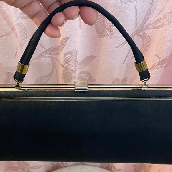 Vintage 1950s Handbag Black Fabric Gold-tone Hardware W/Handle Evening Clutch