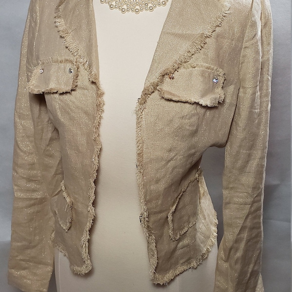 Boho Blazer ABS By Allen Schwartz Size Small Gold & Beige Linen Jacket