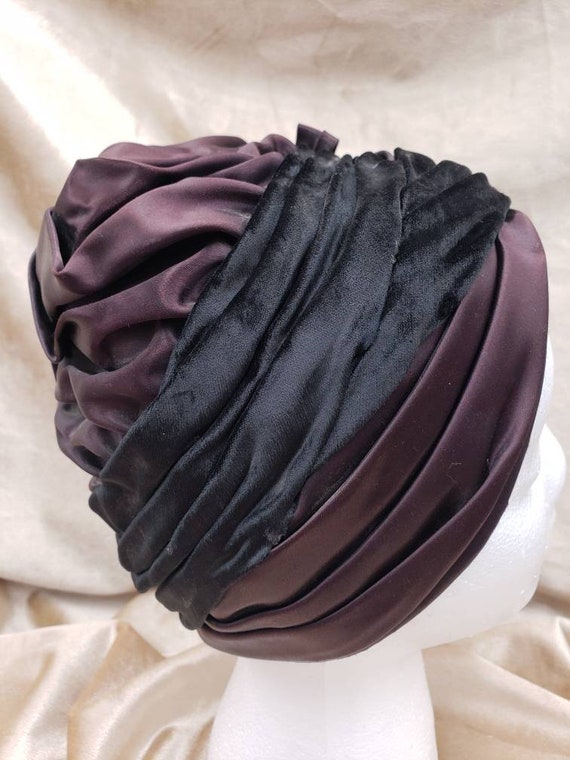 Vintage 1960's Hat Black/Brown Satin Turban Cloch… - image 2