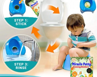 May include: A blue potty training seat with a sticker on it. The sticker features a cartoon animal. The image shows three steps for using the potty training seat: stick, pee, and rinse. The image also shows a pack of potty training stickers with cartoon animals on them.
