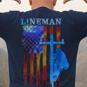 Lineman Tshirt, Lineman Gift, Lineman Tee - Lineman American Flag Shirt | Utility Worker Gift | Power Line Climber Patriotic T-Shirt for Men
