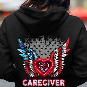 Gift for my lover Caregiver,Caregiver Long Sleeve Shirt with Patriotic Heart Wings– USA Flag Style Gift for Nurses, Aides, Healthcare Heroes