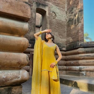 Yellow sharara suit set haldi sharara set with organza dupatta indian suit set sharara gharara wedding suit women pakistani dress silk suit
