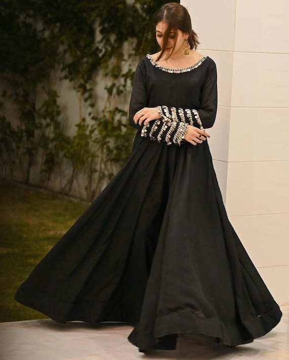 Handmade Anarkali Suit, Taffeta Silk Gown with Net Dupatta Handmade Anarkali Suit, Taffeta Silk Gown with Net Dupatta