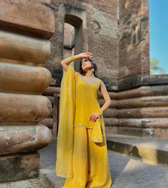open lace back dress Festive Yellow Haldi Wear Georgette Readymade Fusion Fashion Party Gown main image 1