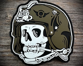 Skull Aviation Helmet PVC Patch - Olive Drab / Glows - Military Aviation - Pilot, Crew Chief, Flight Engineer, Flight Crew  HGU-56 Helmet