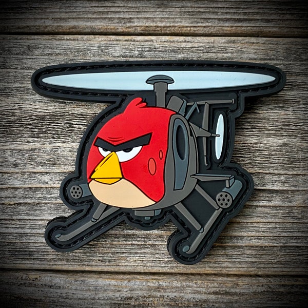 Patch PVC dessin animé hélicoptère AH-6 Little Bird - fan art parodie Angry Bird - aviation militaire - armée, marine, armée de l'air, corps des marines