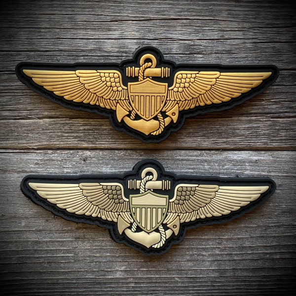Naval Aviator Wings PVC Patch - Pilot Aircrew Wings - Navy / Marine Corps Officer - Colors: Gold Metallic and Desert Tan