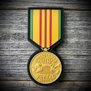 Vietnam Service Medal PVC Patch - U.S. Military - Army, Navy, Marine Corps, Air Force - Gold Metallic PVC - Hook and Loop Backing