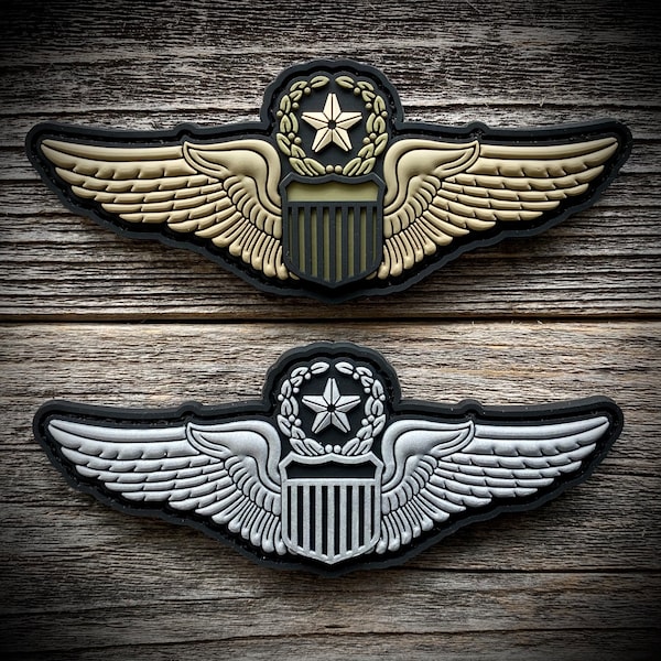 AIR FORCE “Aviator” Badge PVC Patch - Pilot Aircrew Wings - Master, Senior, Basic - Colors: Silver Metallic and MultiCam