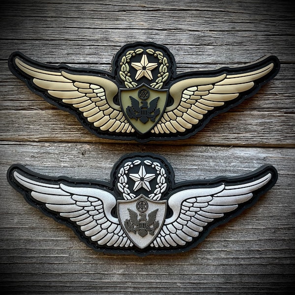 ARMY “Aviation” Badge PVC Patches - Enlisted Aircrew Wings - Master, Senior, Basic - Colors: Silver Metallic and MultiCam