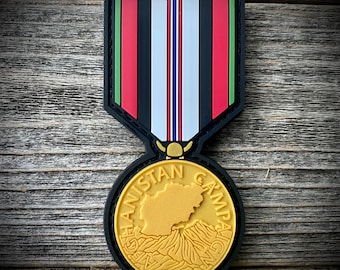 Afghanistan Campaign Medal PVC Patch - U.S. Military - Army, Navy, Marine Corps, Air Force - Gold Metallic PVC - Hook and Loop Backing