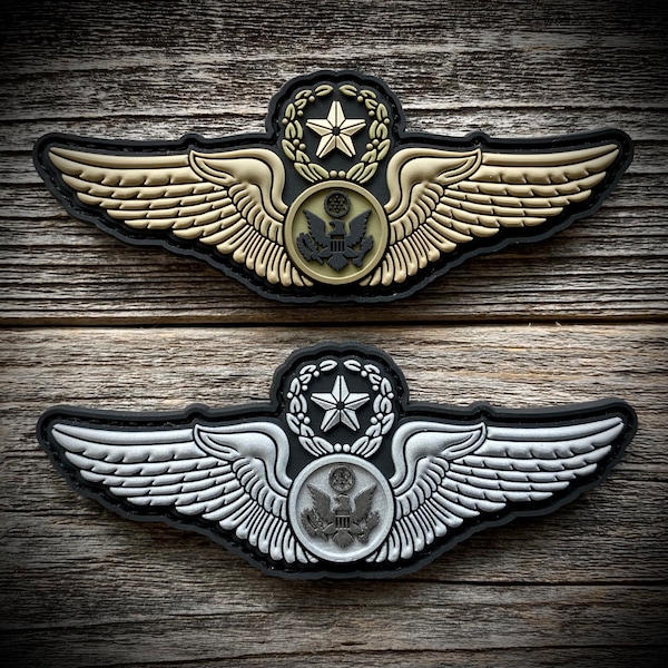 AIR FORCE “Aviation” Badge PVC Patches - Enlisted Aircrew Wings - Master, Senior, Basic - Colors: Silver Metallic and MultiCam