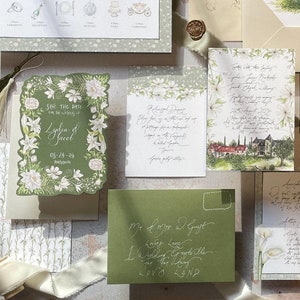 Invitaciones de boda en acuarela pintadas a mano y hechas a pedido: flores blancas con exuberante vegetación. DEPÓSITO