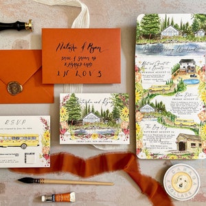 "Handgemalte maßgeschneiderte Aquarell Hochzeitseinladungen - Wildblumen mehrfarbige Gartenblumen mit Hundeportraits DEPOSIT."