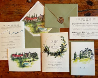 Met de hand geschilderde, op maat gemaakte aquarel-huwelijksuitnodigingen en op de dag zelf gemaakte briefpapier op bestelling - AANBETALING
