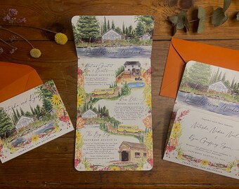 Faire-part de mariage aquarelle sur mesure à trois volets peints à la main sur commande - DÉPT