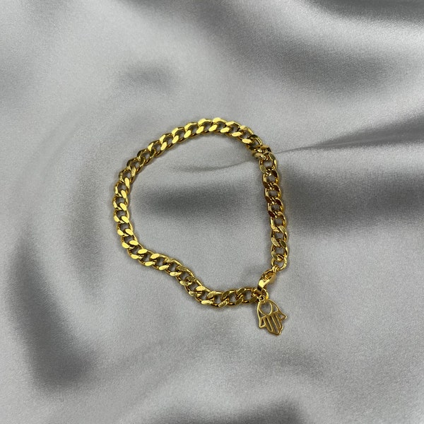 Goldenes Gliederarmband mit Hamsa Anhänger und Karabiner Verschluss