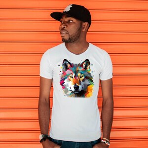 Geometric Wolf Art Tee, Bold Graphic T-shirt, Vibrant Wolf Shirt, Gift for Animal Lovers