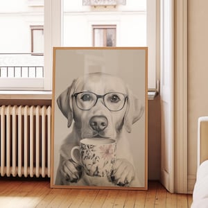 Labrador Drinking Coffee Wall Art, Black and White Print, Coffee Poster with Dog, Dog Gift, Golden Lab Funny Dog Poster, Kitchen Wall Decor