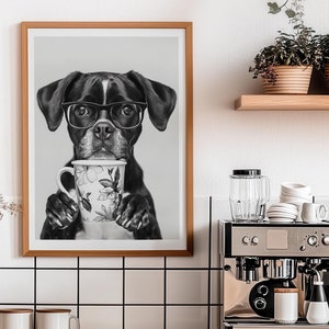 Boxer Dog Drinking Coffee Wall Art, Black and White Print, Coffee Poster with Dog, Boxer Dog Gift, Funny Dog Poster, Kitchen Wall Decor