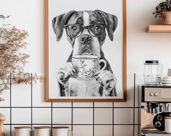 Pode incluir: Uma ilustração em preto e branco de um cão usando óculos e segurando uma xícara de chá. A ilustração é emoldurada e pendurada em uma parede branca ladrilhada acima de uma máquina de café.